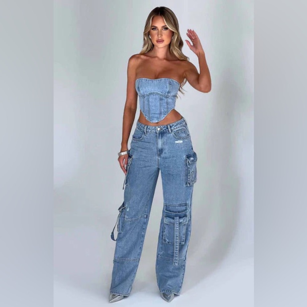 Women's Light Blue Denim Cargo Jeans & Corset